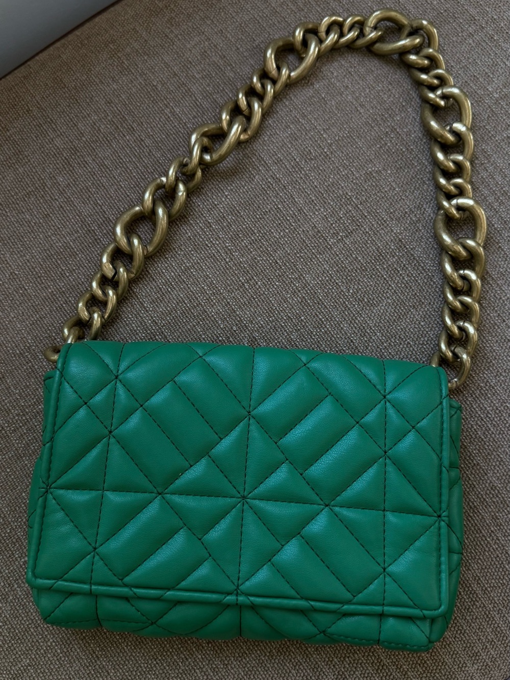 Zara Green quilted and gold metal handbag